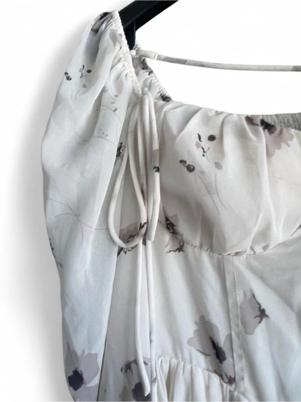 K-Fashion Floral Chiffon Puff Sleeve Smocked Corset Fairy Mini Dress | Cream M - Picture 15 of 16